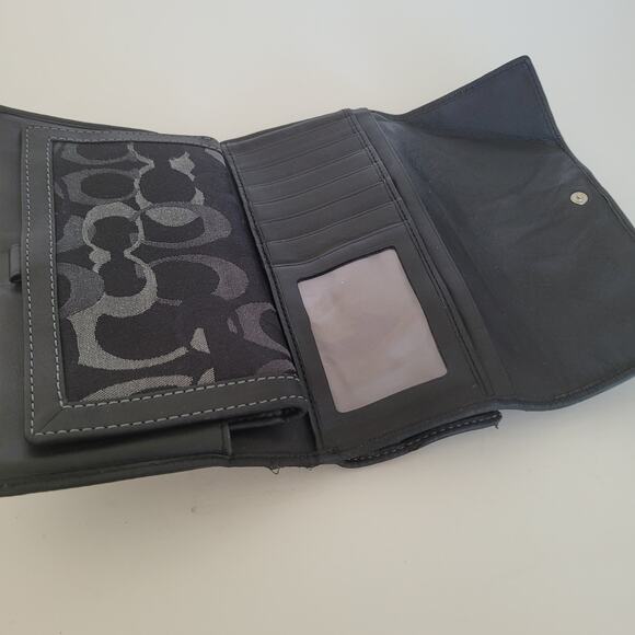 Coach Wallet Canvas Leather Signature Black Trifold 8x4 Large Checkbook Set - Picture 3 of 11